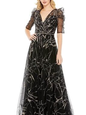 Mac Duggal Black Tulle V-Neck Evening Gown with Silver Embroidery